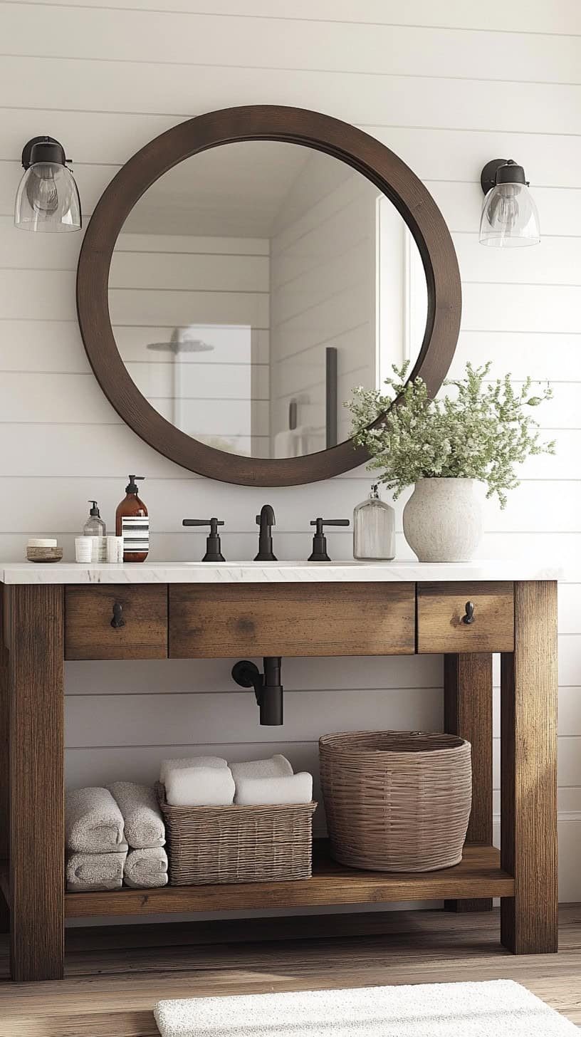 Farmhouse bathroom with makeup vanity.