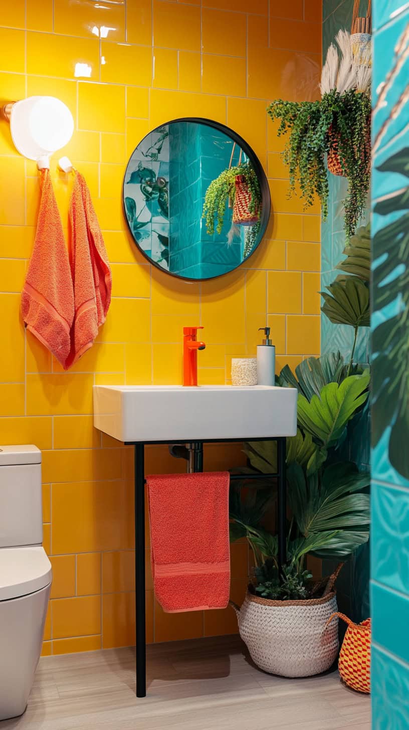 Colorful bathroom with accessories.