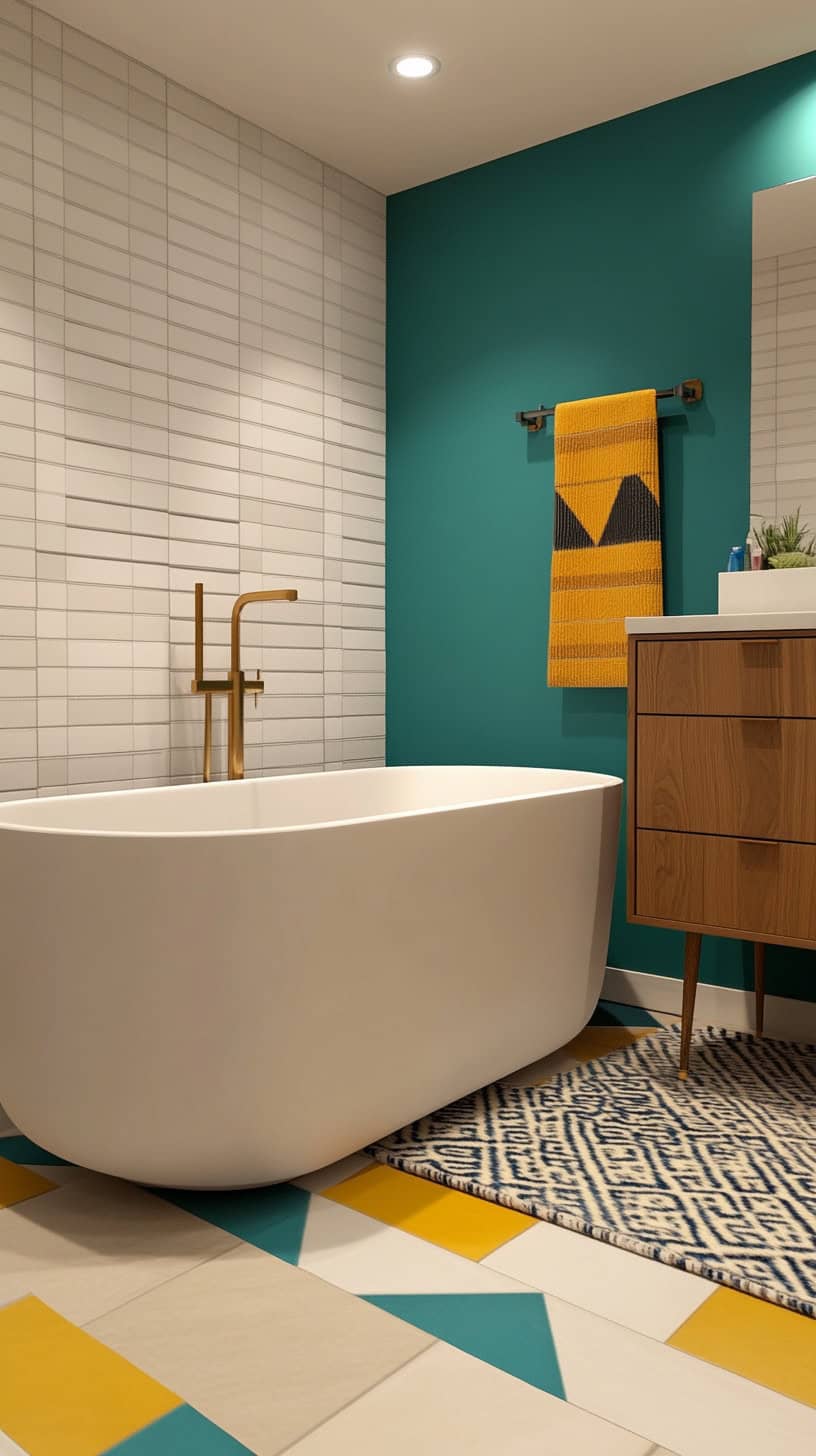 Colorful mid century modern bathroom.