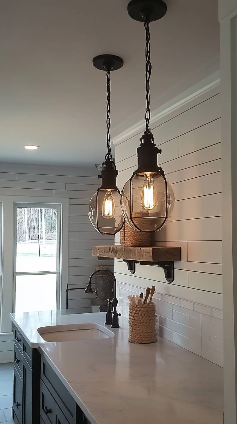 Modern farmhouse bathroom with lighting.