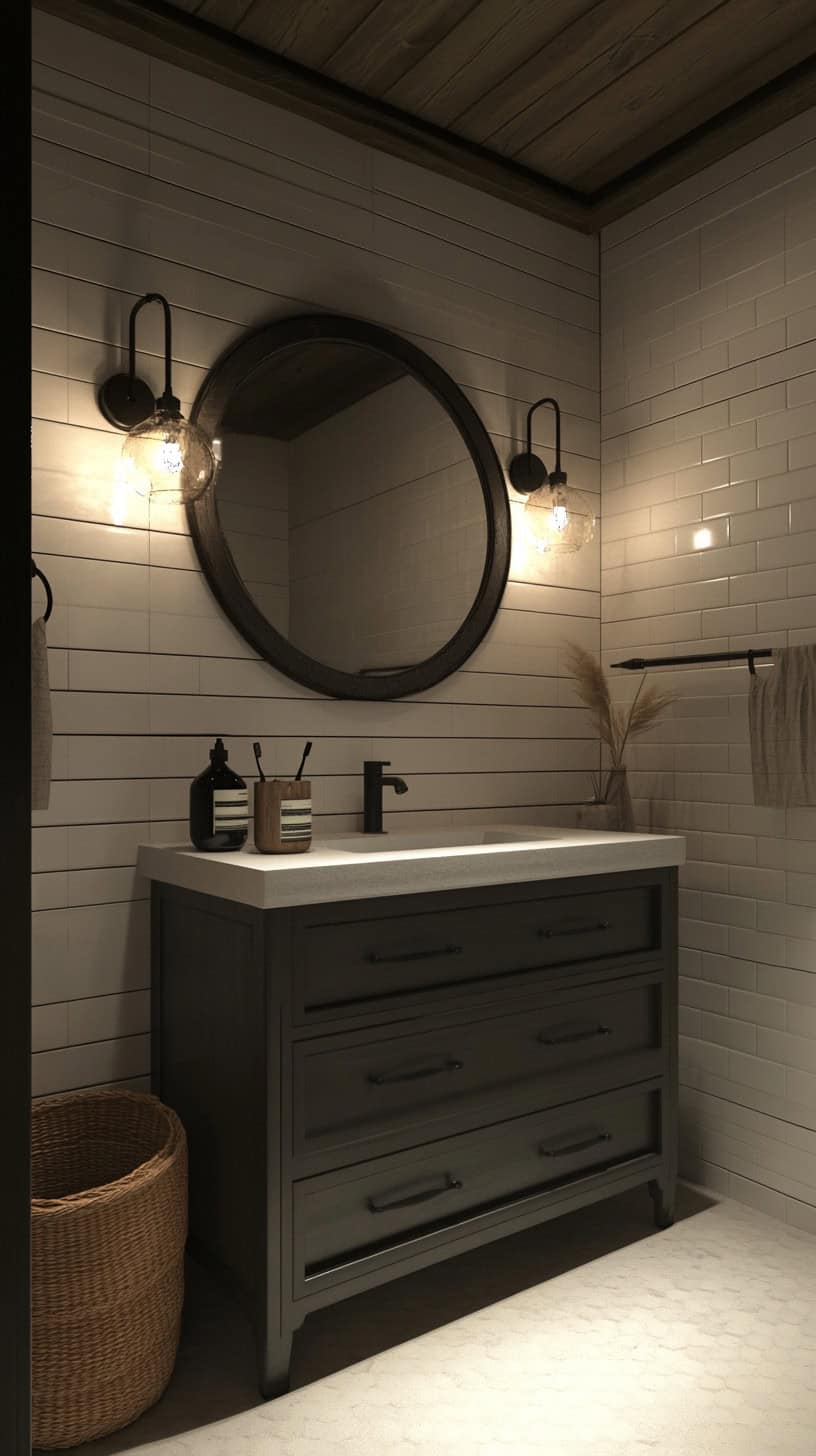 Farmhouse bathroom with lighting over mirror.