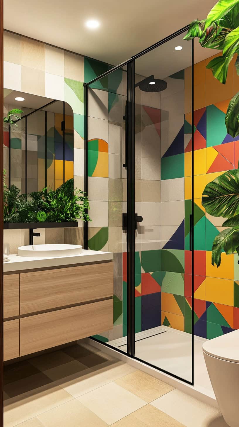 Colorful apartment bathroom.