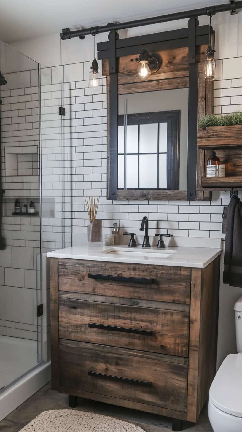 Farmhouse bathroom with lighting over mirror