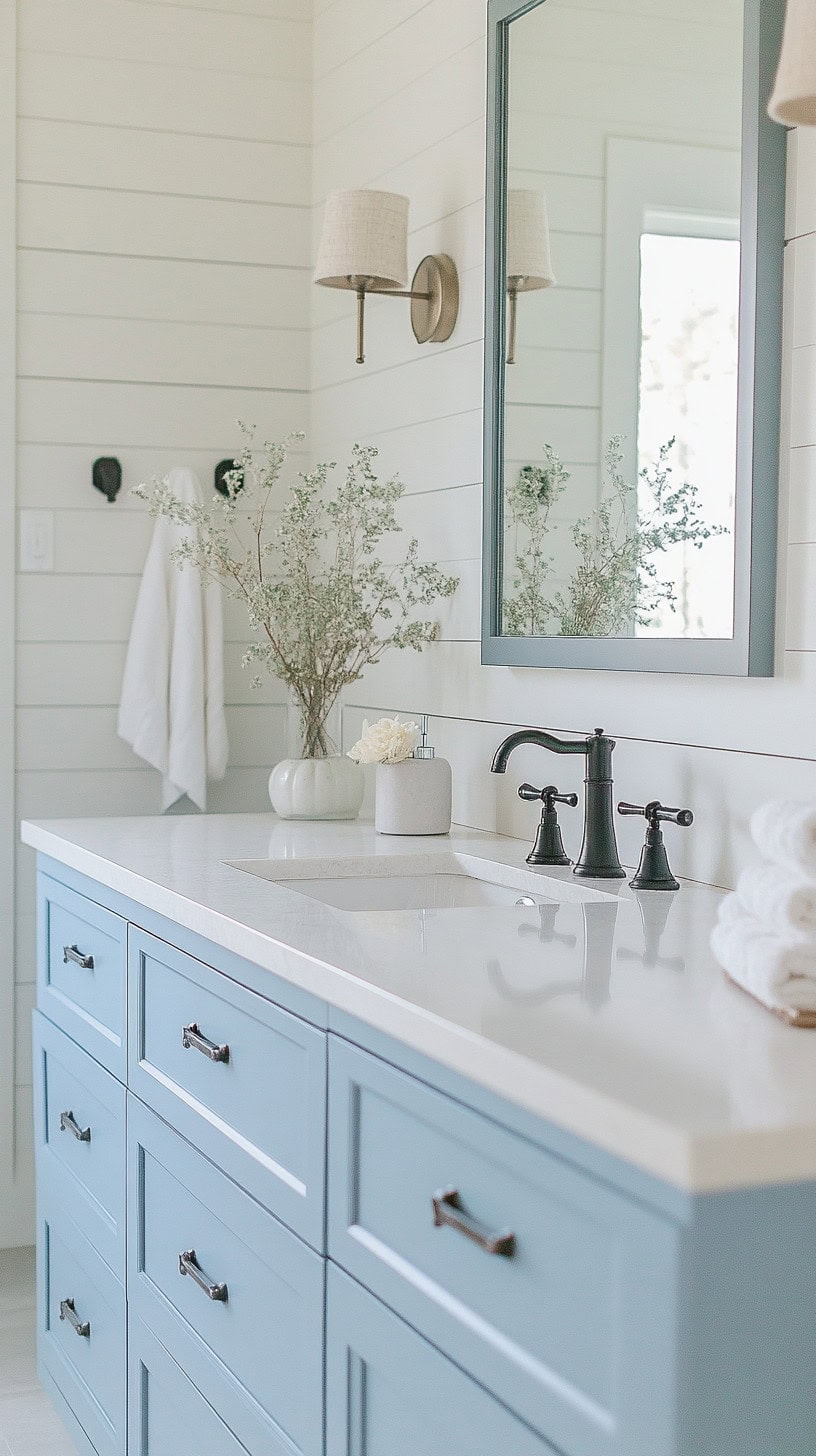 Light blue farmhouse bathroom.