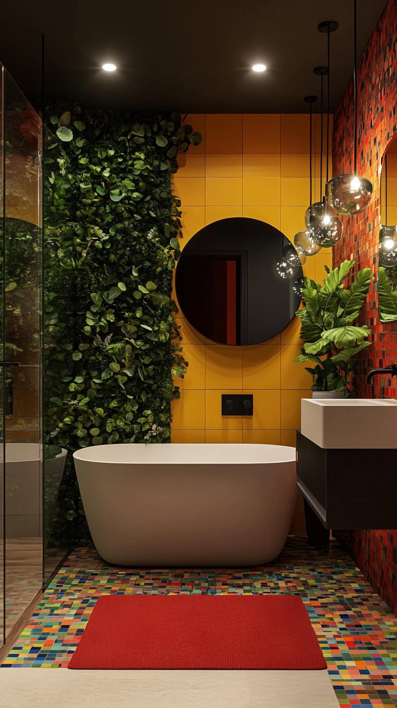 Colorful bathroom with rugs.