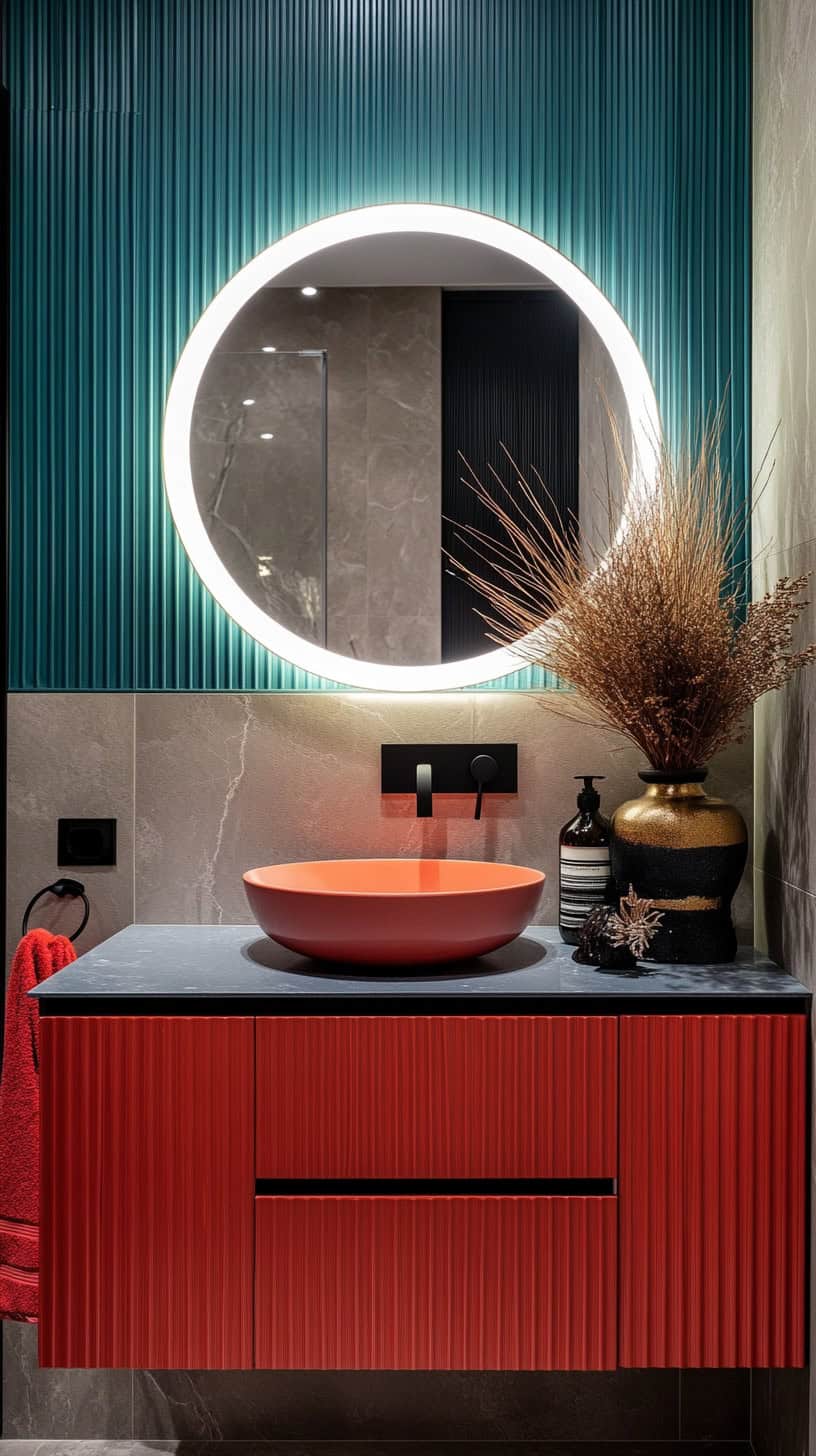 Bathroom with colorful vanity.