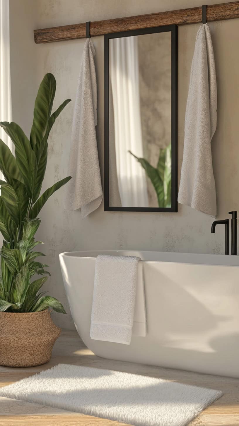 Modern farmhouse bathroom with towels.