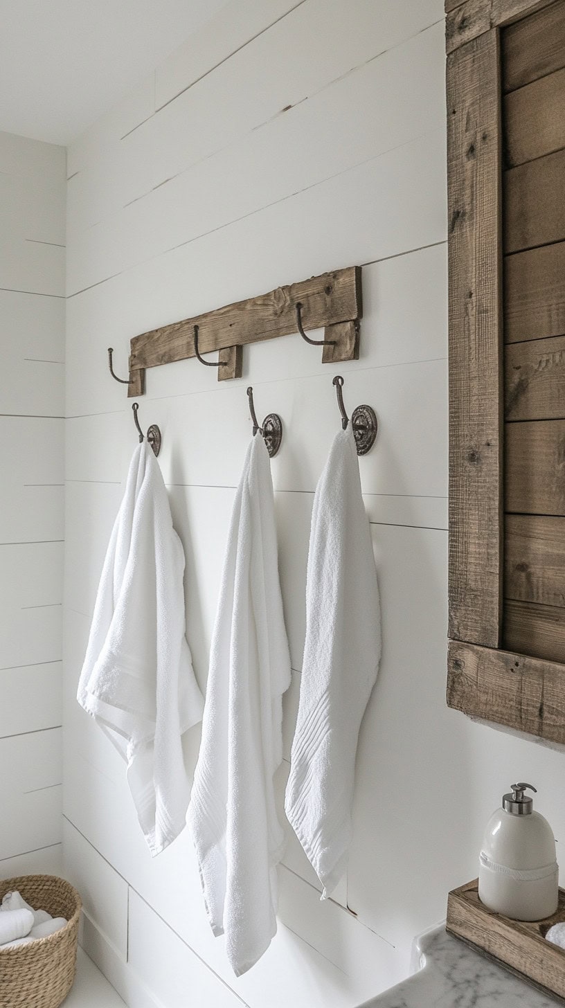 Farmhouse bathroom with wall towel hooks.