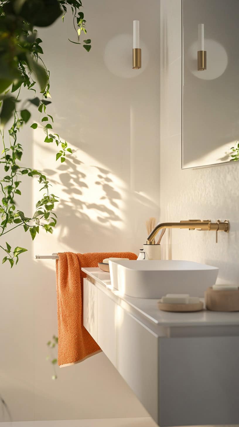 White bathroom with colorful accents.