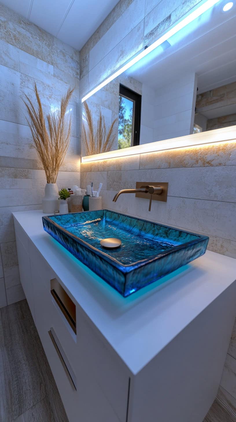 Bathroom with colorful sink.