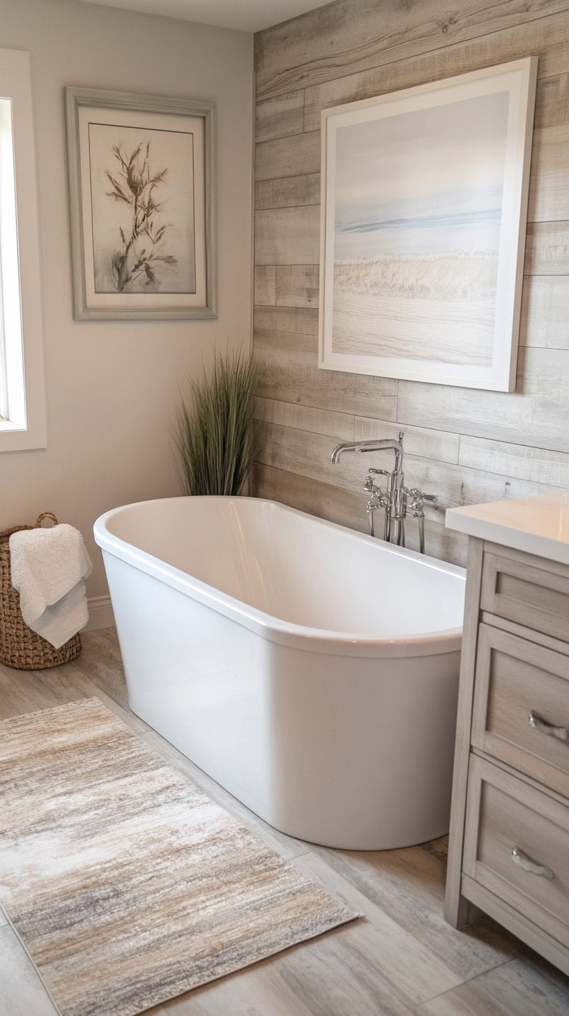 Farmhouse bathroom with wall art.