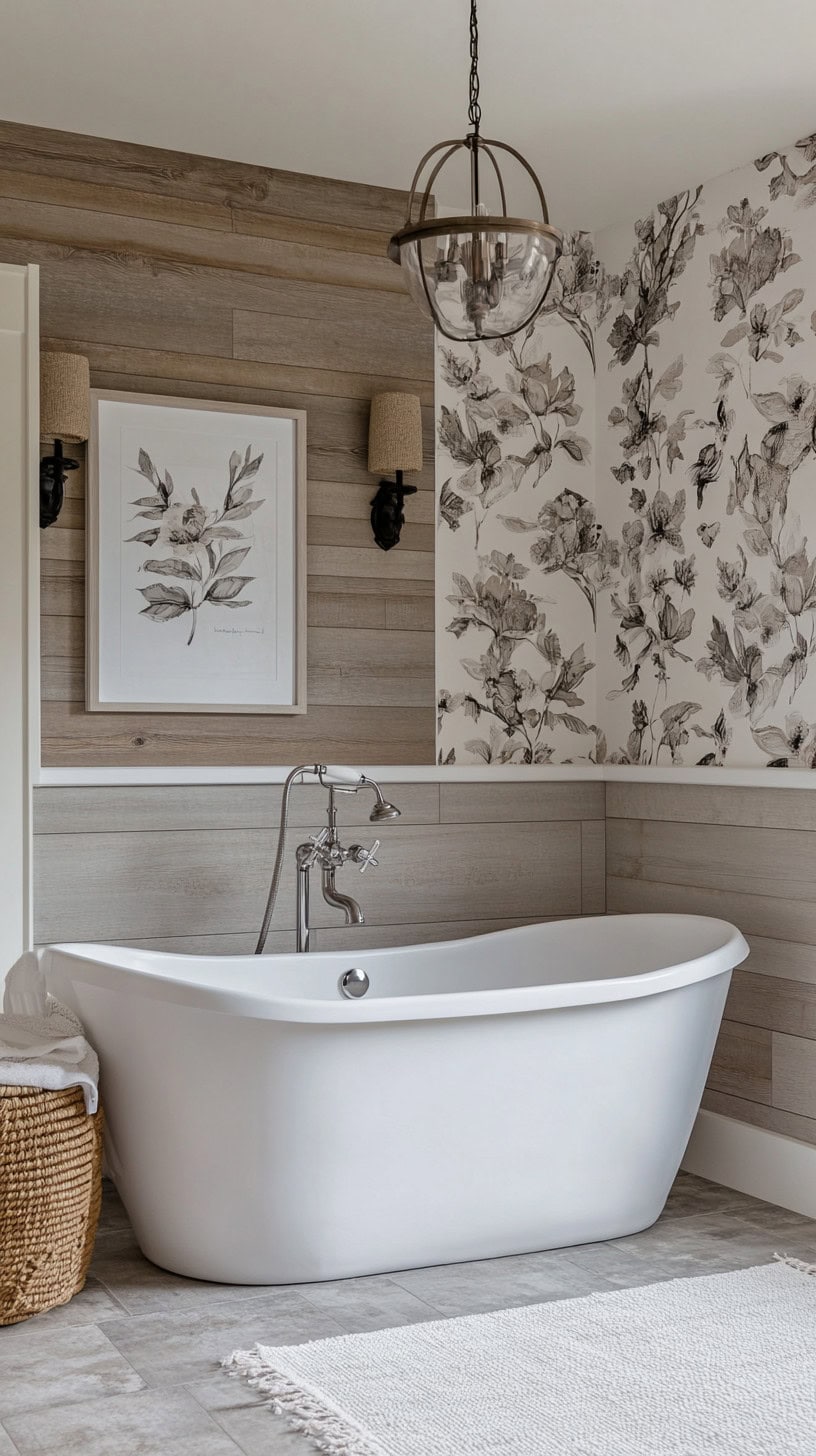 Modern farmhouse bathroom with wallpaper.