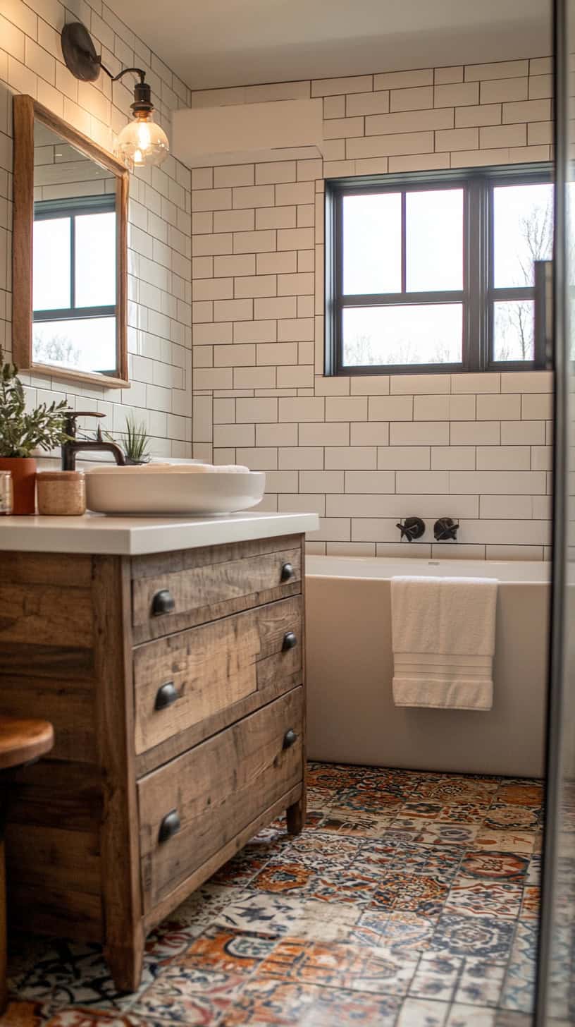 Colorful farmhouse bathroom.