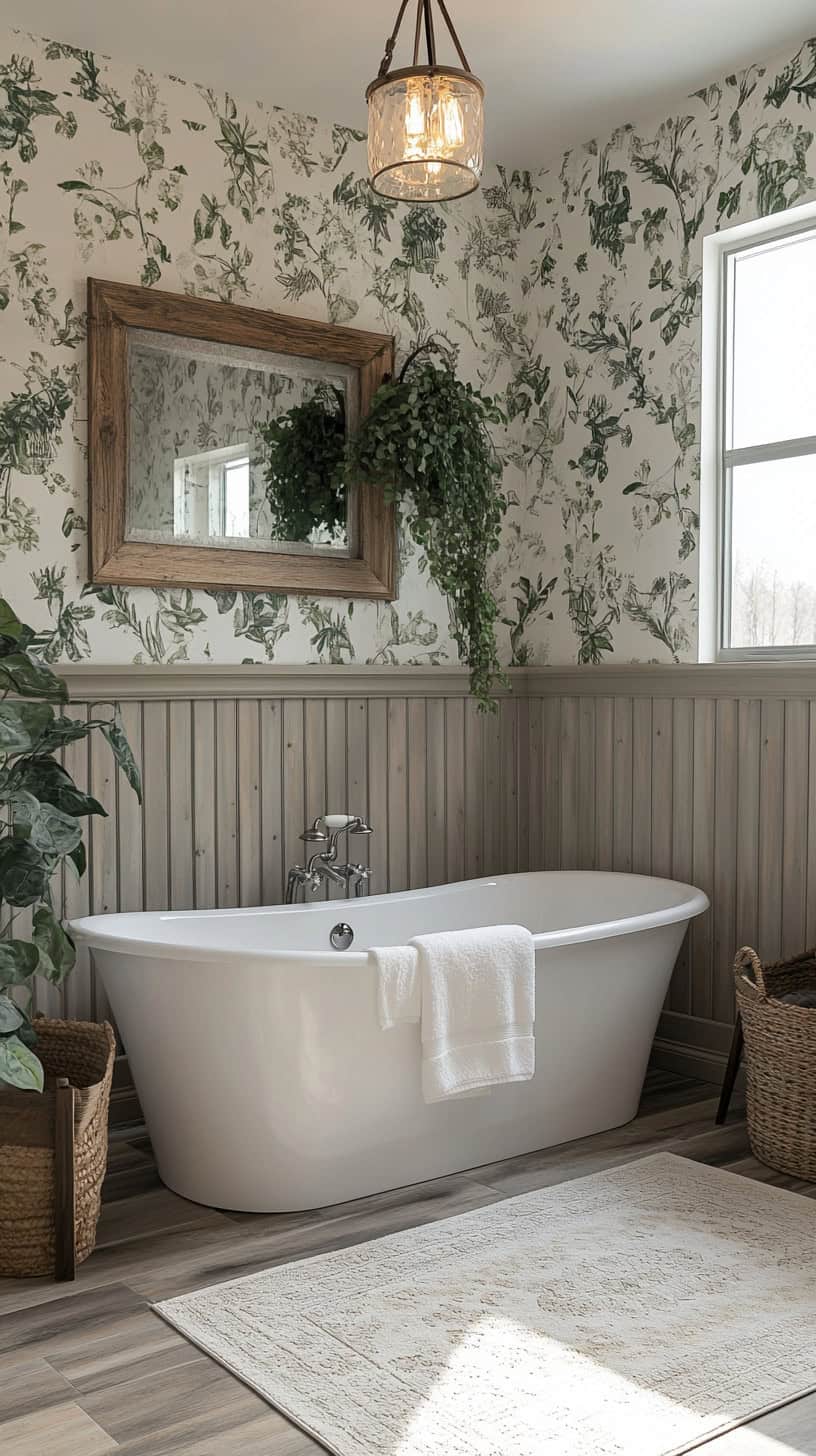 Half farmhouse bathroom with wallpaper.