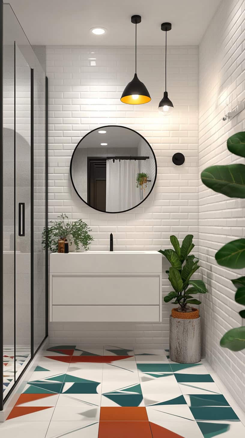 Bathroom with colorful floor.