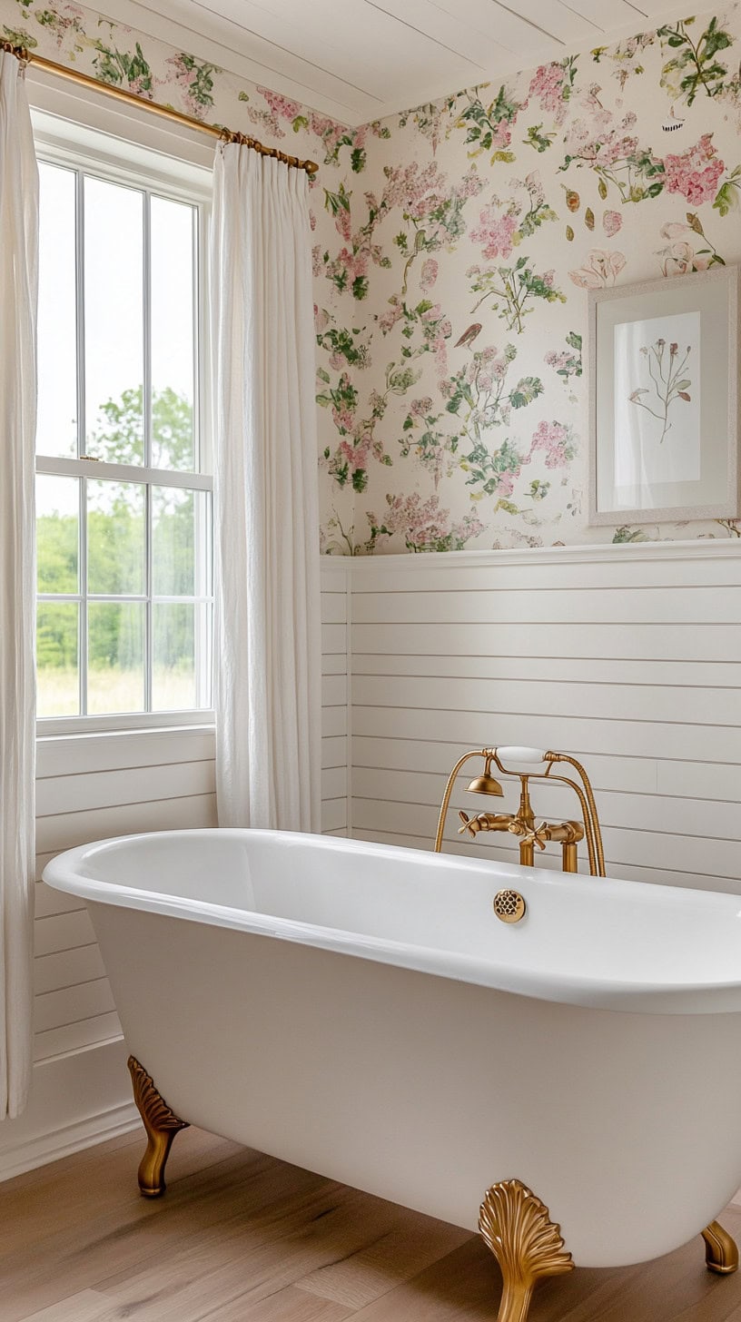 Small farmhouse bathroom with wallpaper