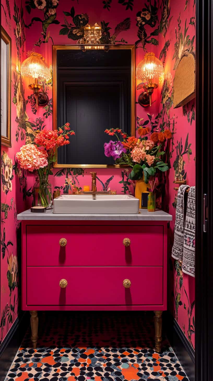 Colorful maximalist bathroom.