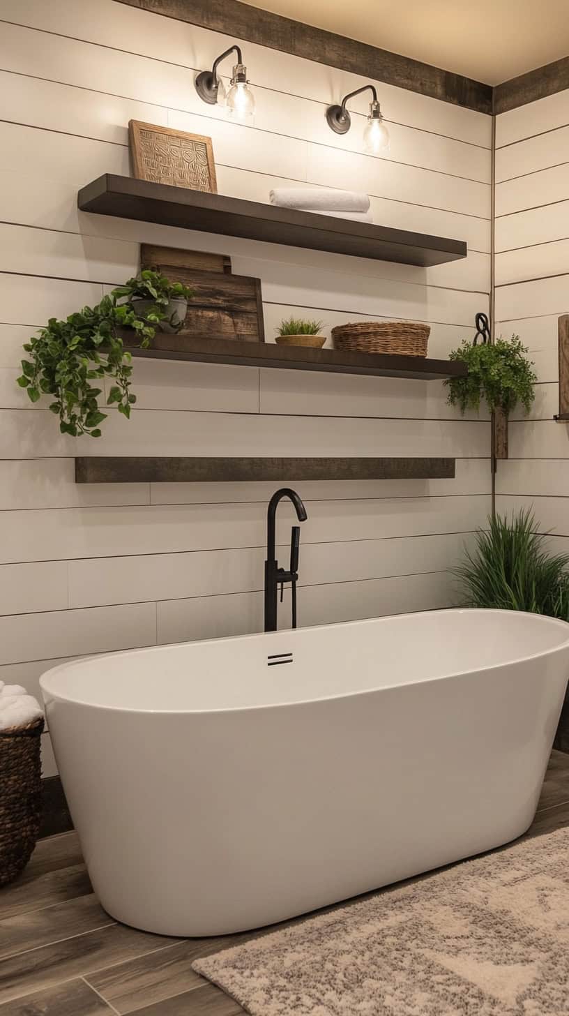 Farmhouse bathroom with shiplap accent wall.