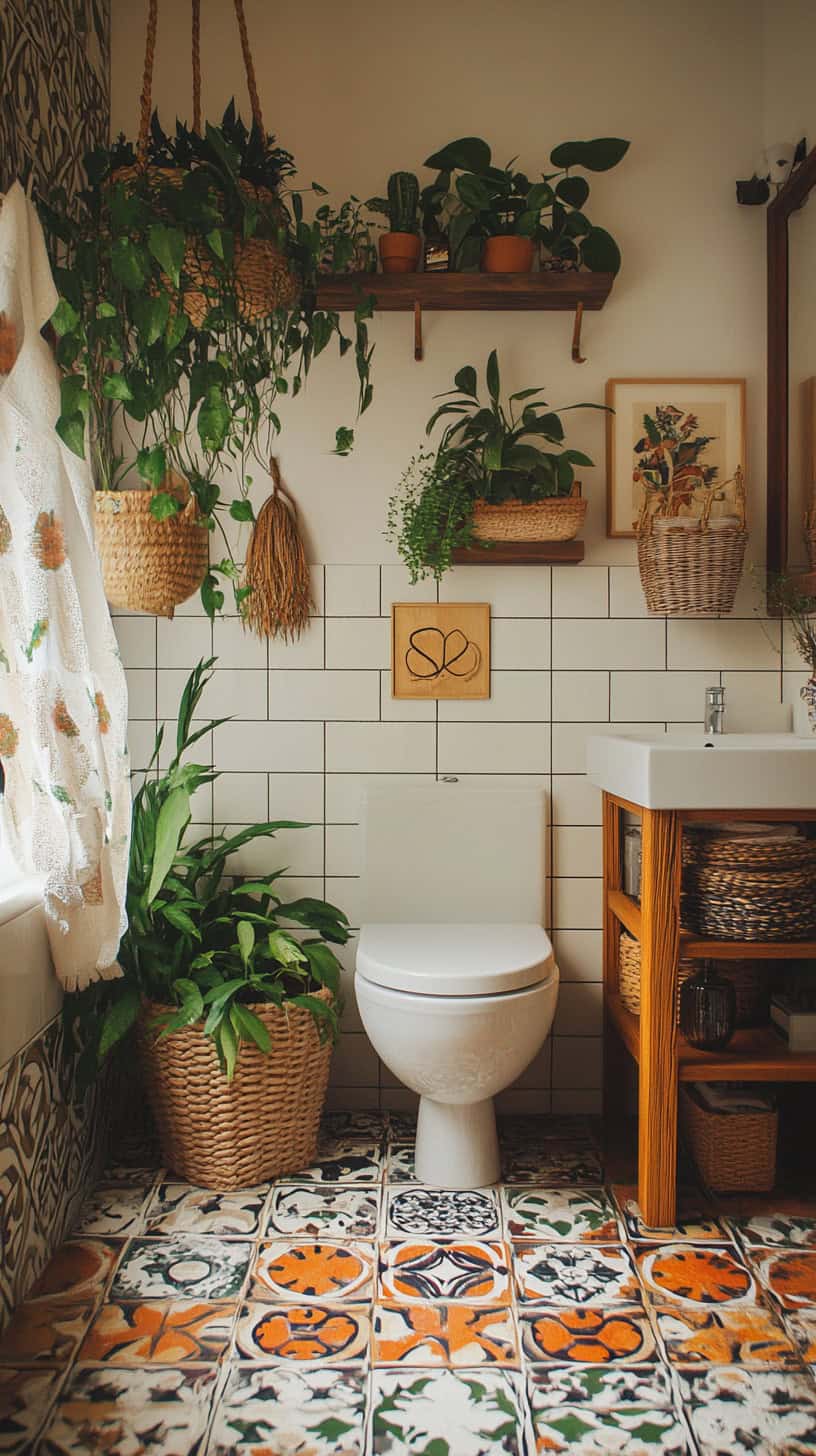 Colorful boho bathroom.