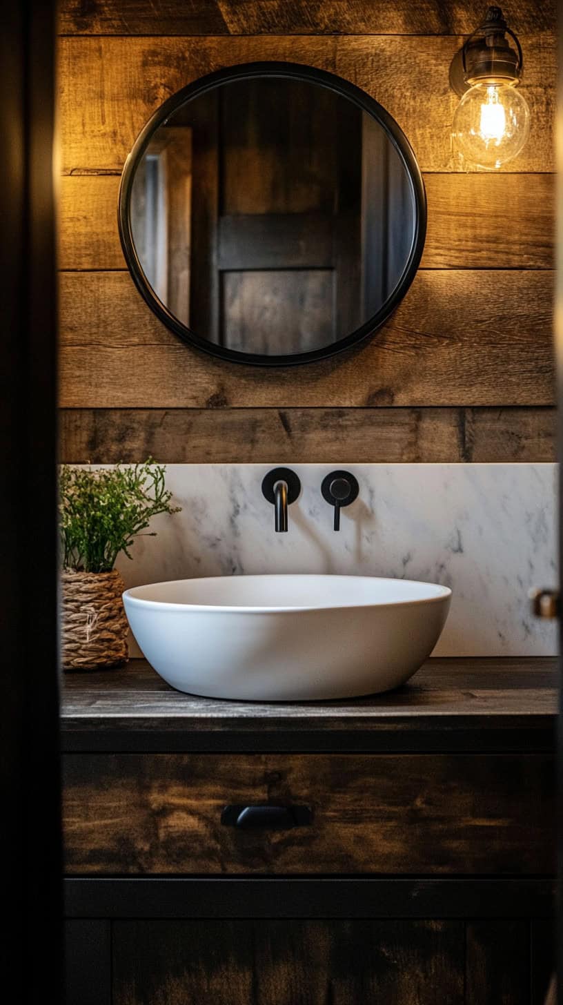 Rustic farmhouse bathroom with vanity and vessel style sink.