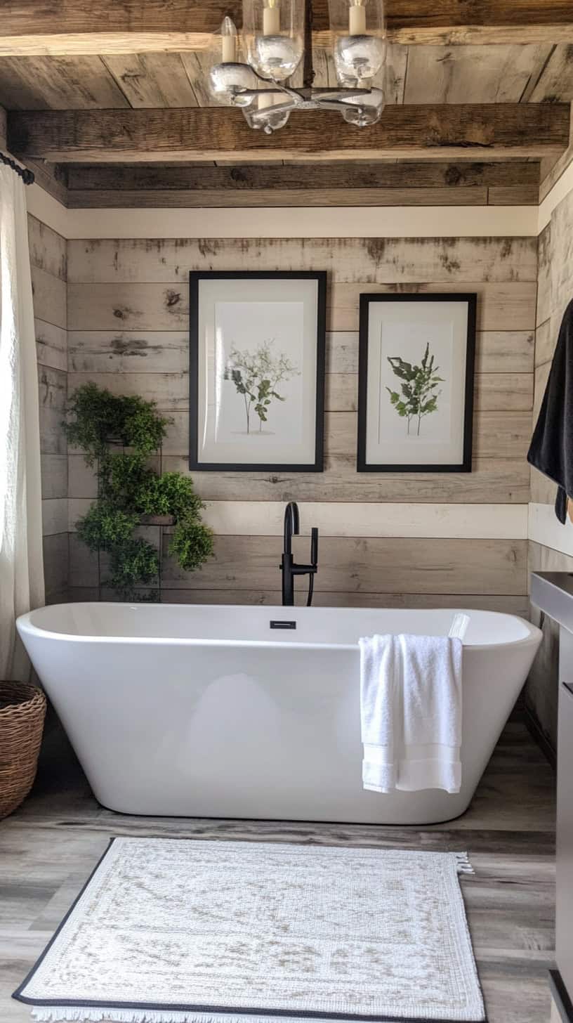 Farmhouse bathroom with pictures for walls.