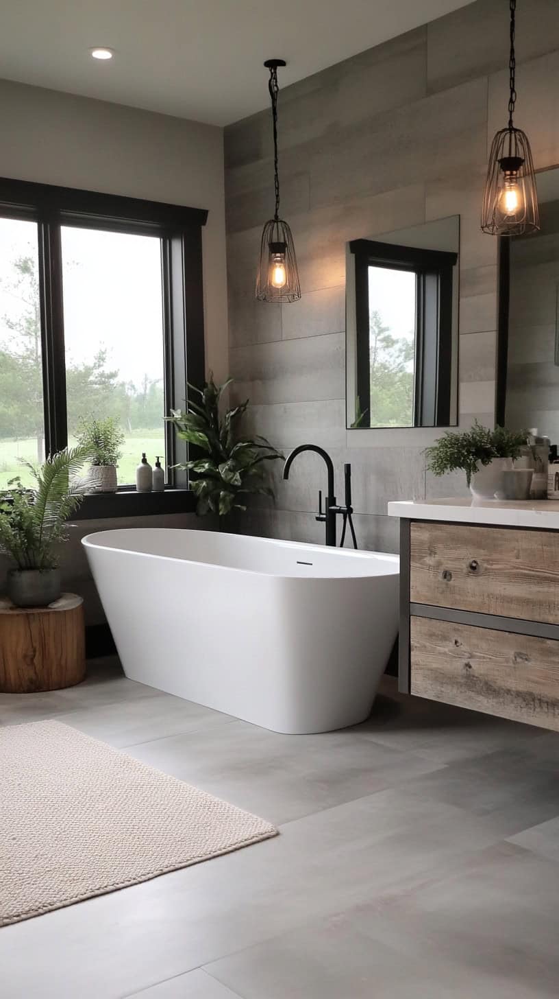 Farmhouse bathroom with gray walls.