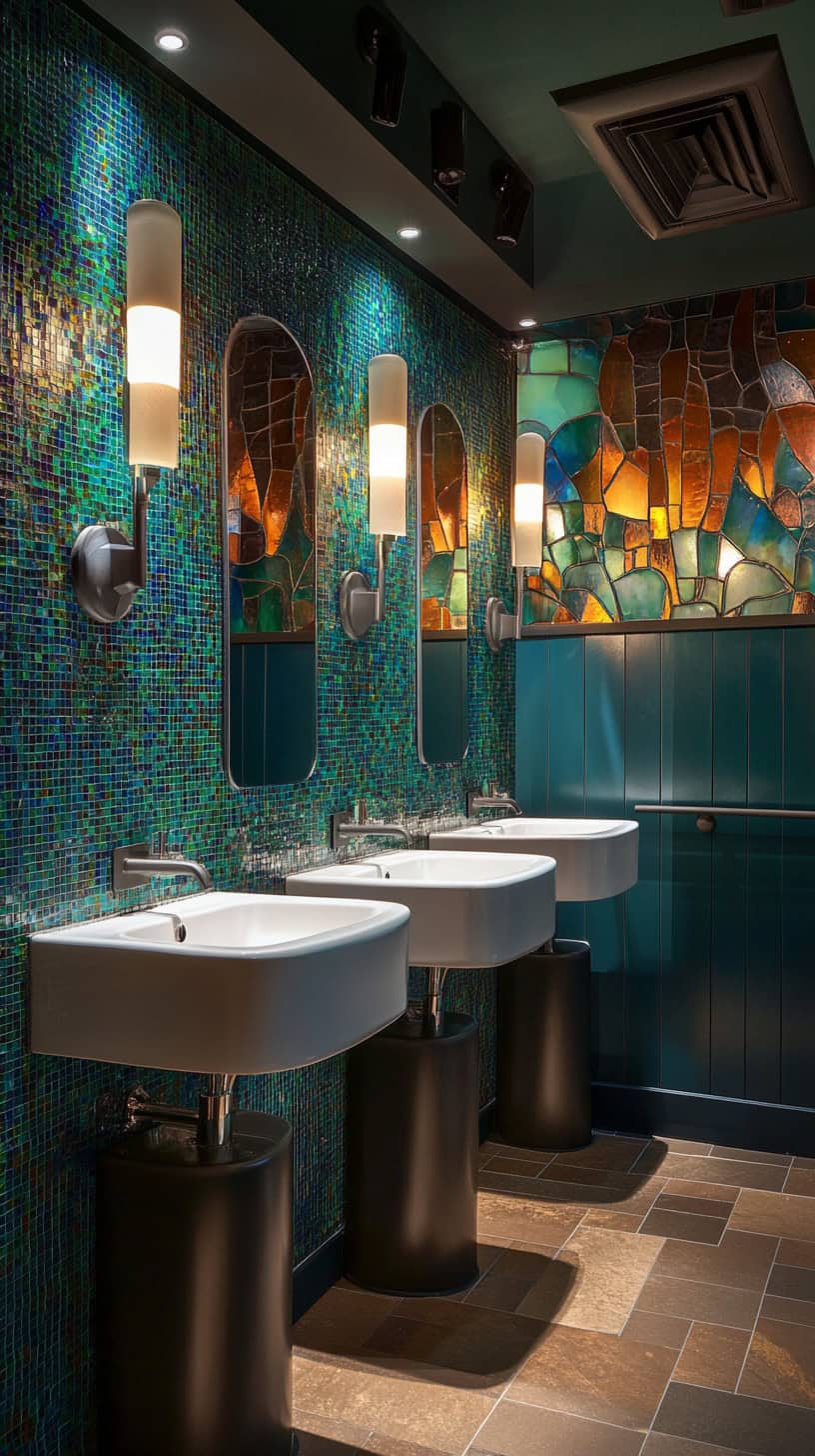 Restaurant colorful bathroom.