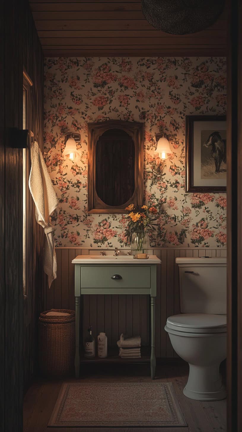Vintage farmhouse bathroom with wallpaper.