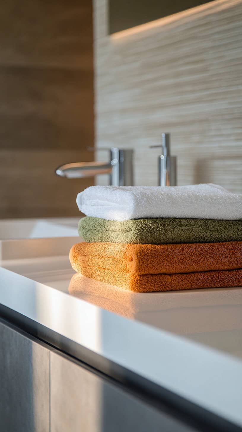 Bathroom with colorful towels.