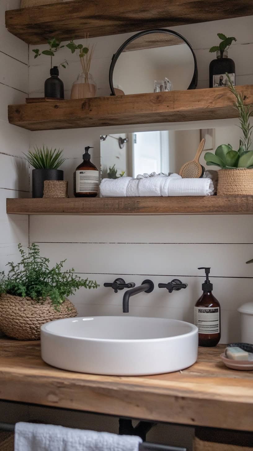 Rustic farmhouse bathroom with wall shelves.