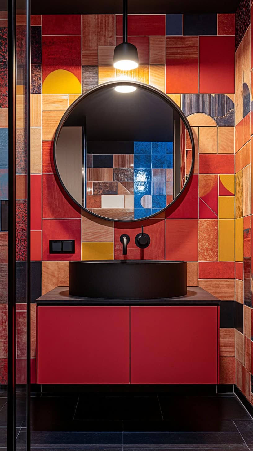 Colorful bathroom with mirror.