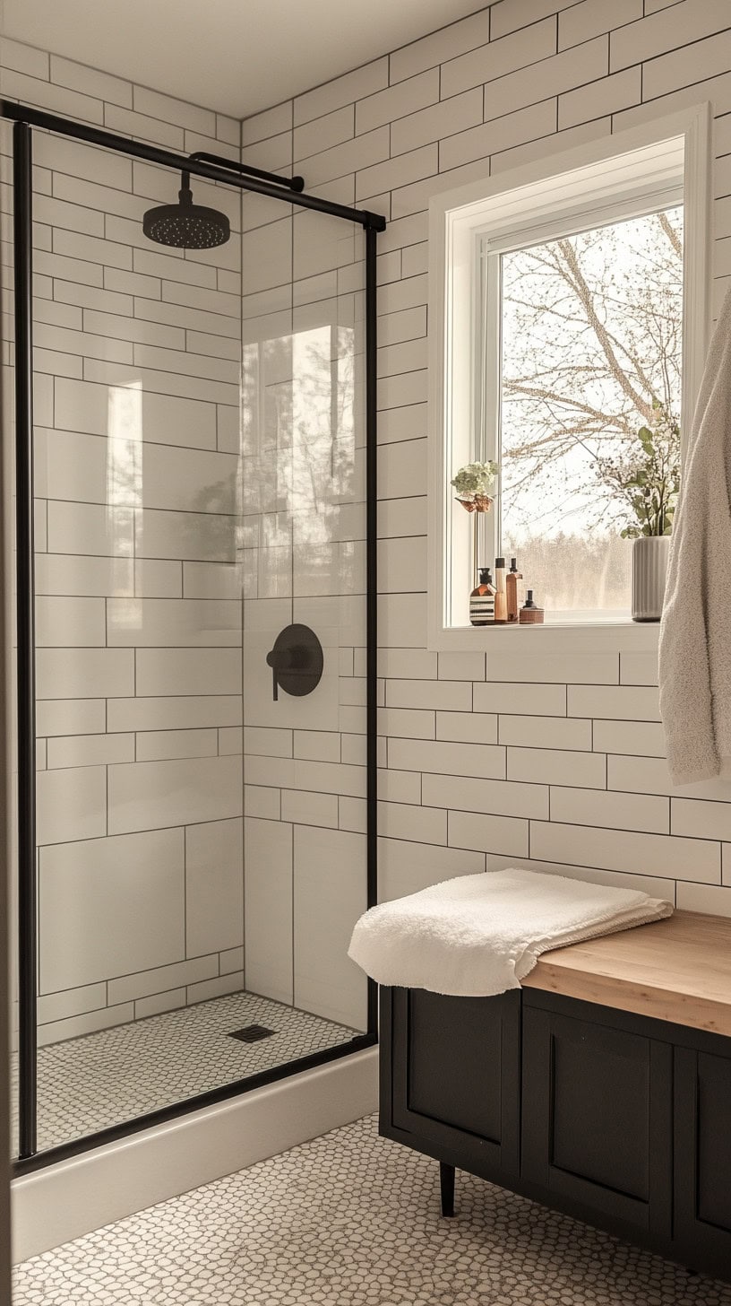 Farmhouse bathroom with tile shower.