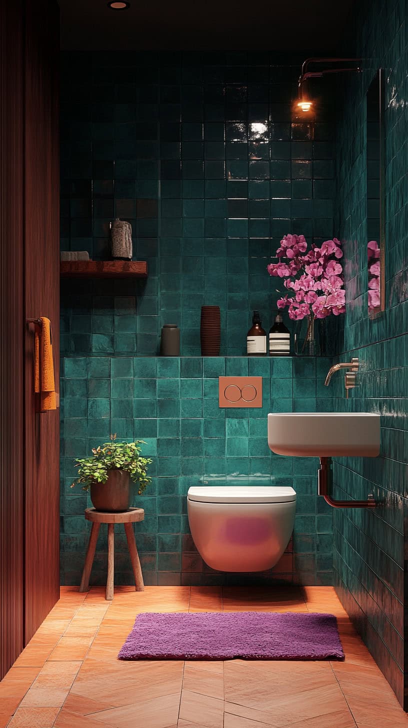 Tiny colorful bathroom.