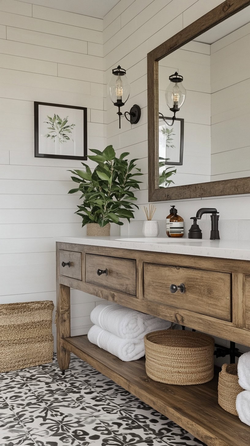 Farmhouse bathroom with decor floor tile.