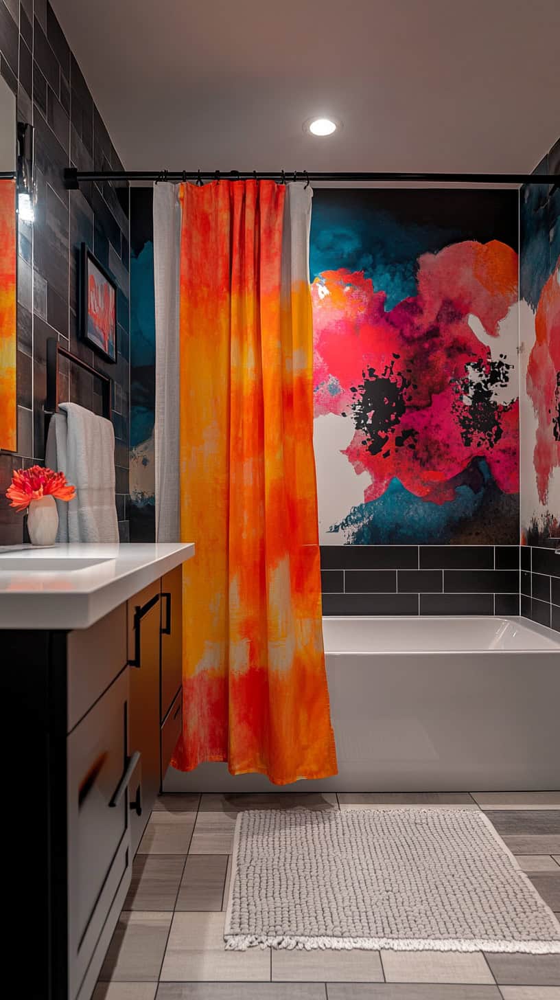 Colorful bathroom with shower curtains.