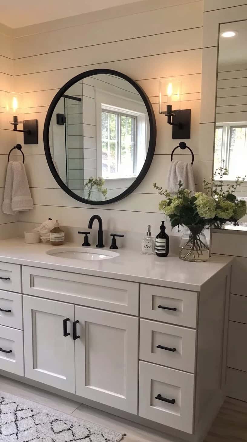 Modern farmhouse bathroom with white vanity.