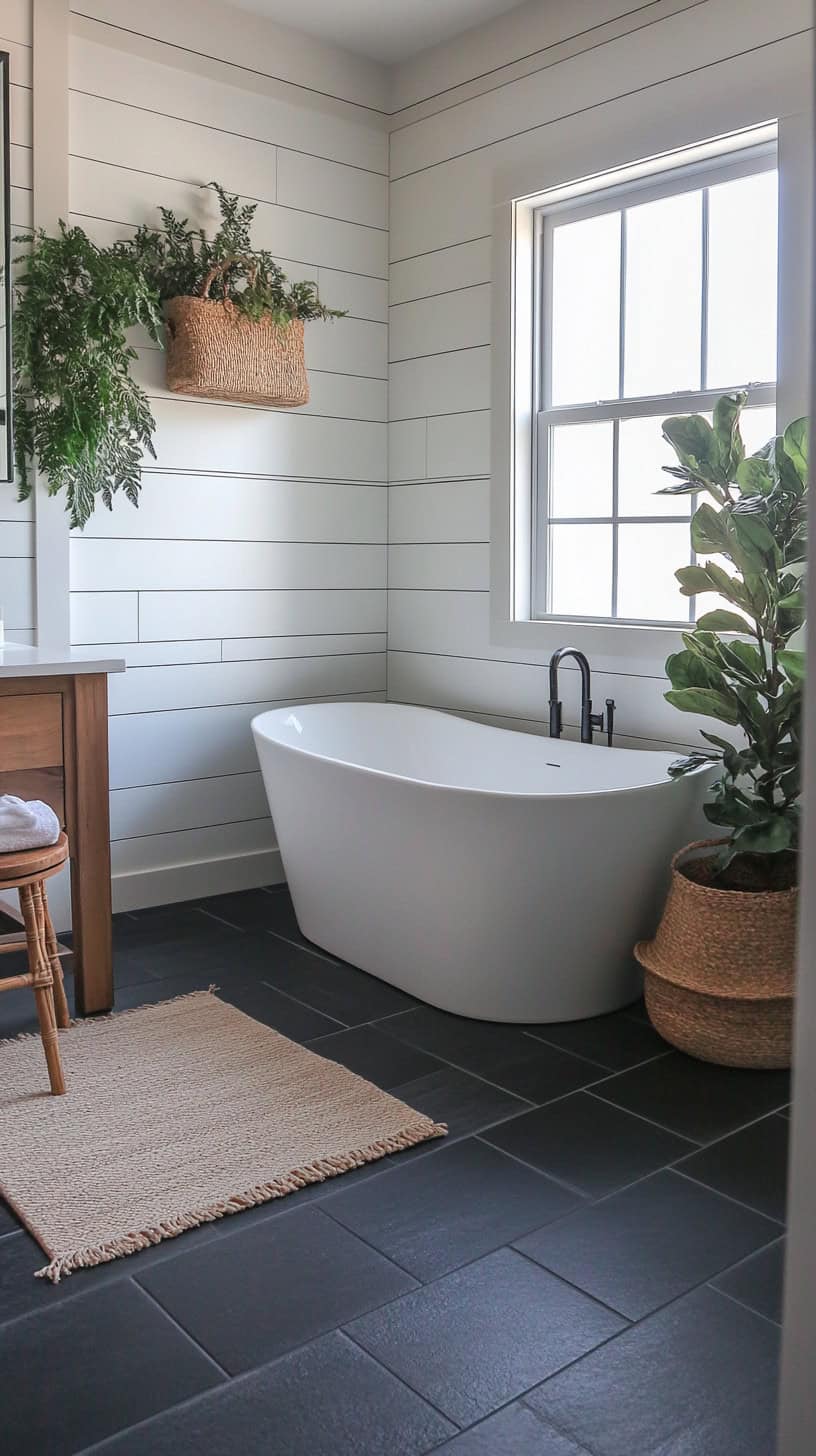 Farmhouse bathroom with black floor.