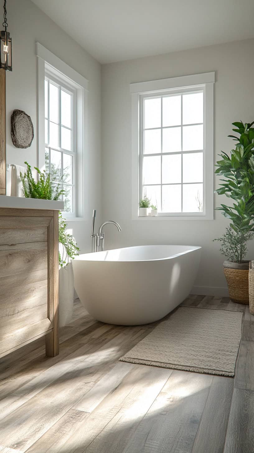 Farmhouse bathroom with vinyl flooring.