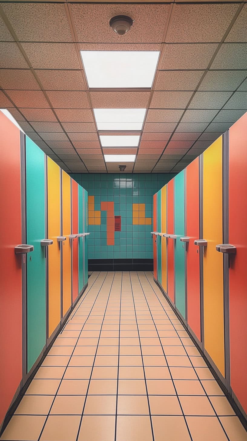 Colorful public bathroom.