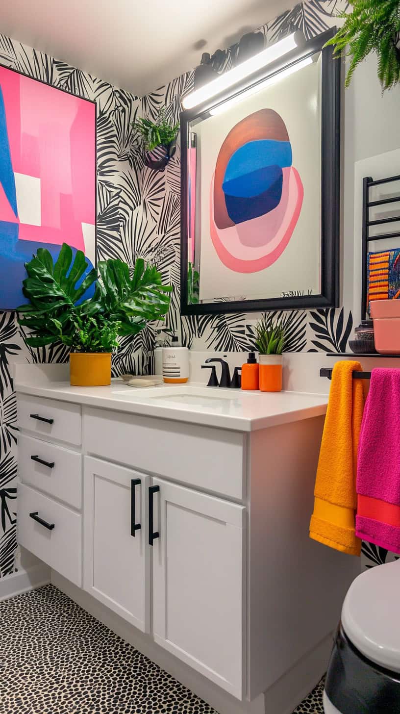 Renter friendly colorful bathroom.