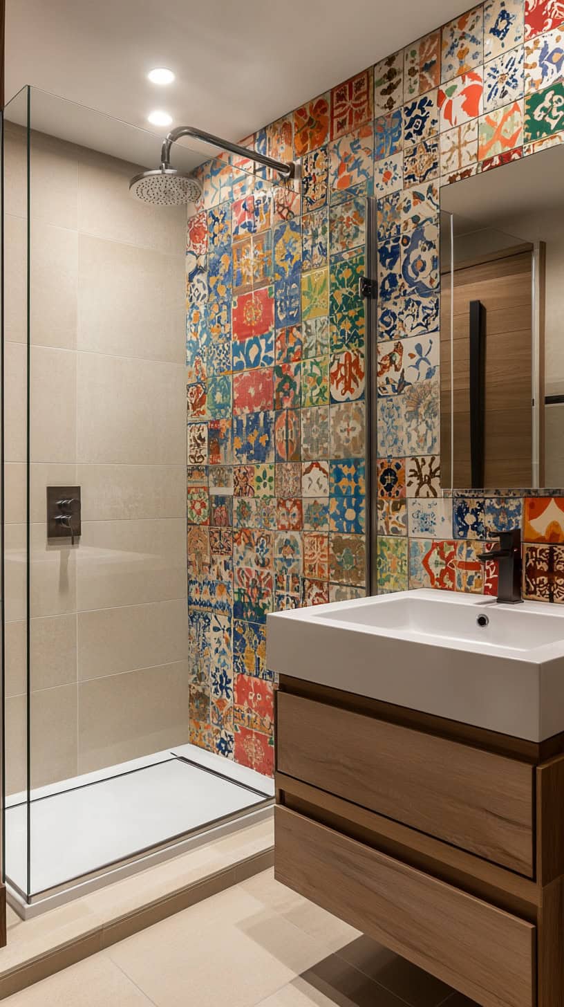 Colorful bathroom with backsplash.