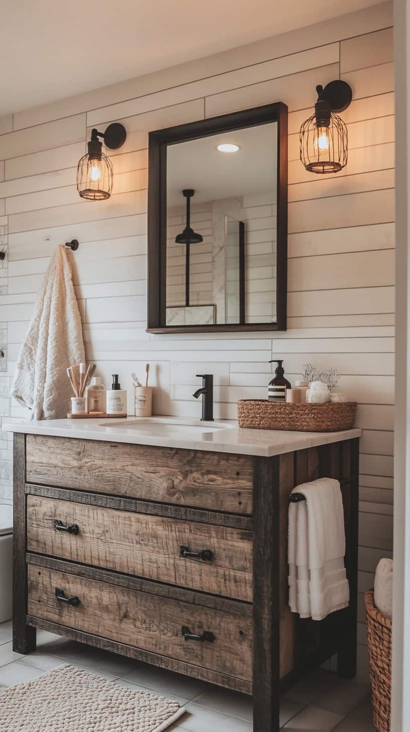 Rustic farmhouse bathroom with vanity.