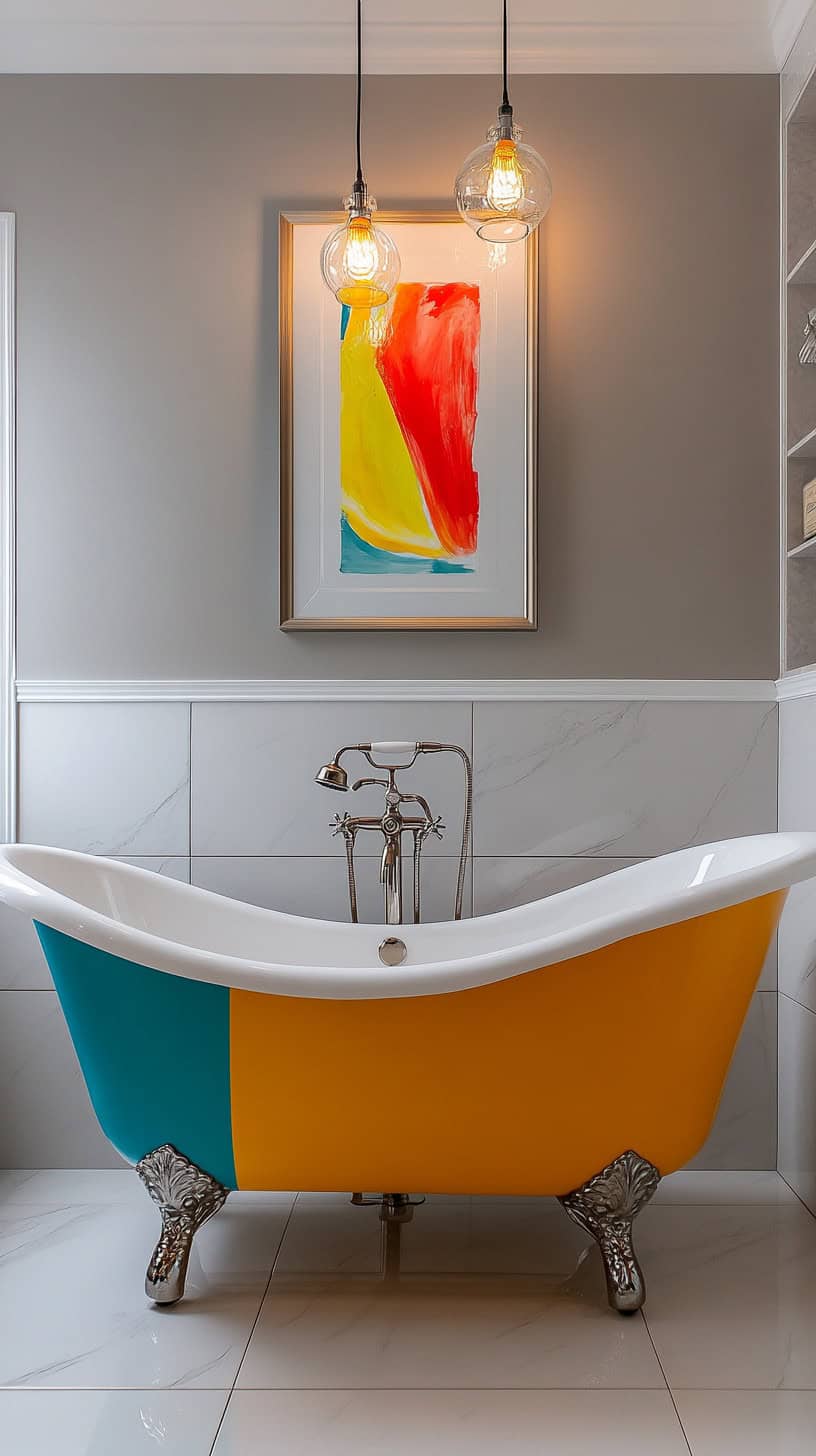 Bathroom with colorful clawfoot tub.