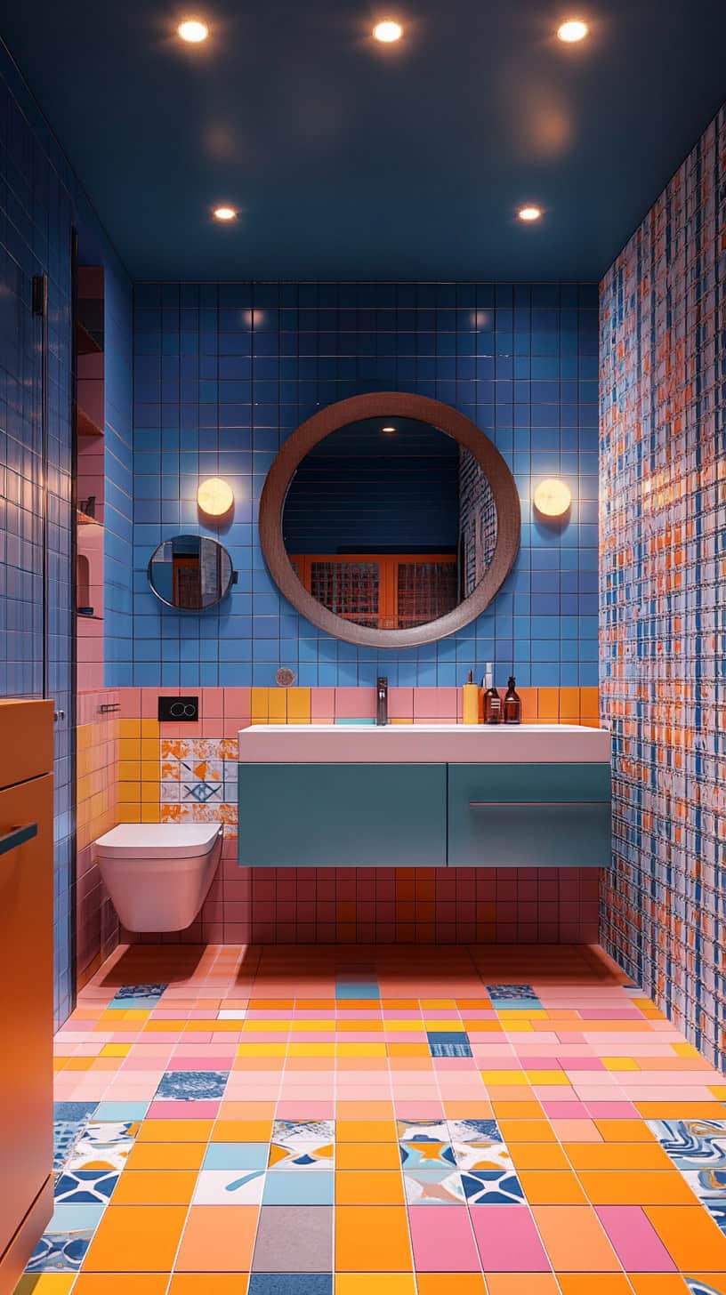 Colorful bathroom with tile.