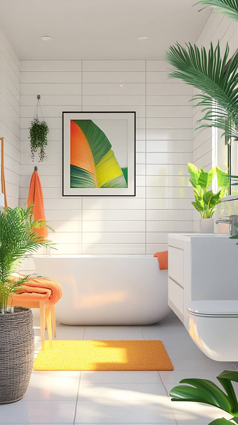 Colorful bathroom with white tile.