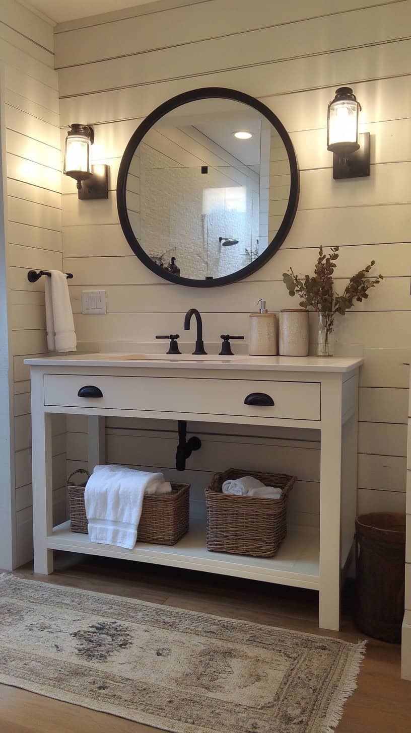 Farmhouse bathroom with single vanity.
