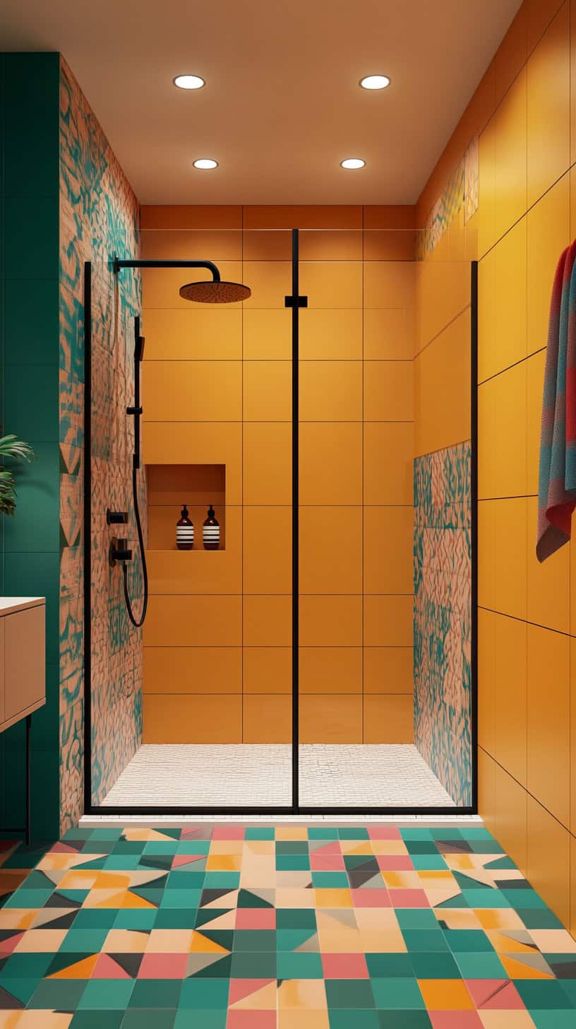 Colorful bathroom with shower tile.