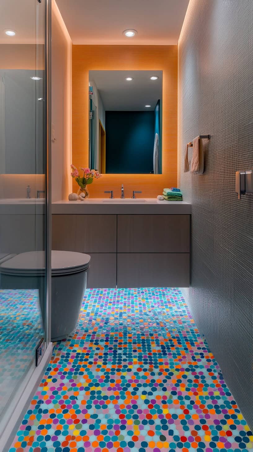 Bathroom with colorful penny tile floor.