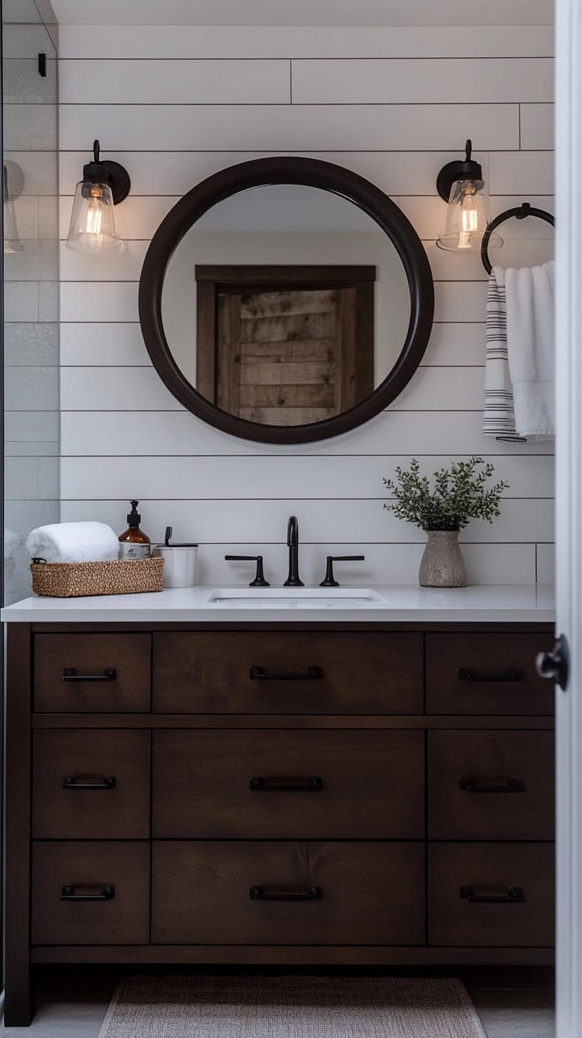  Farmhouse bathroom with dark wood vanity.