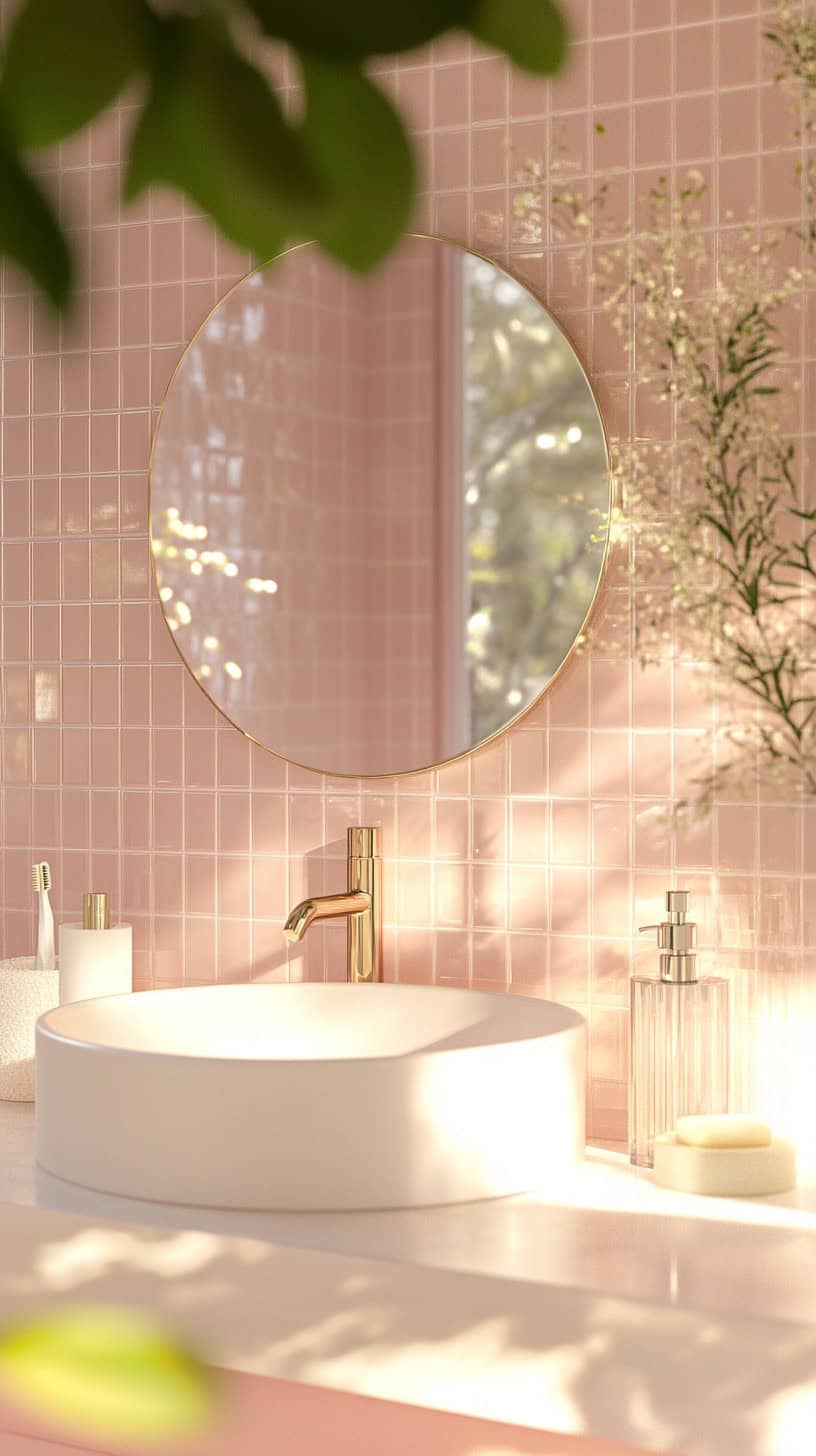 Bathroom with pink metro tiles